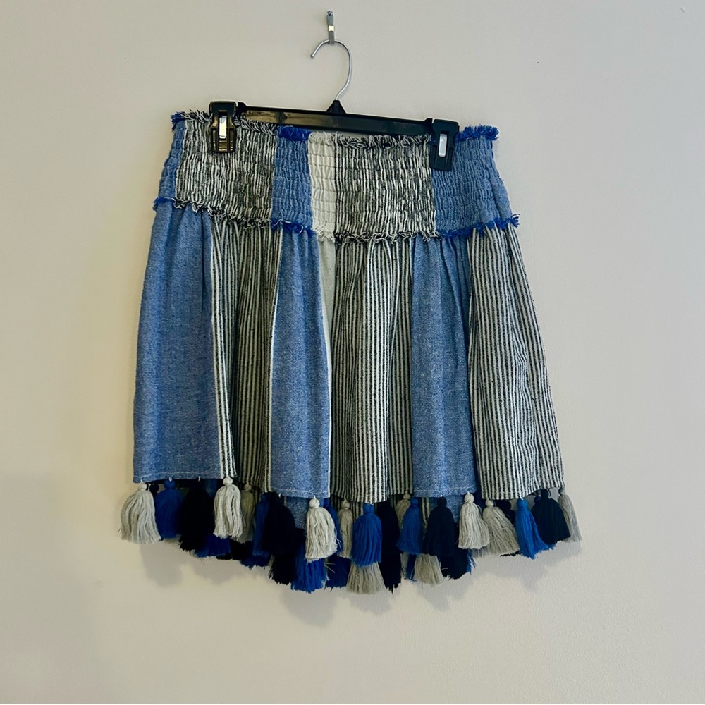 Apiece Apart Striped Mini Skirt Tassels Blue White Smocked Silk Size 4 Boho